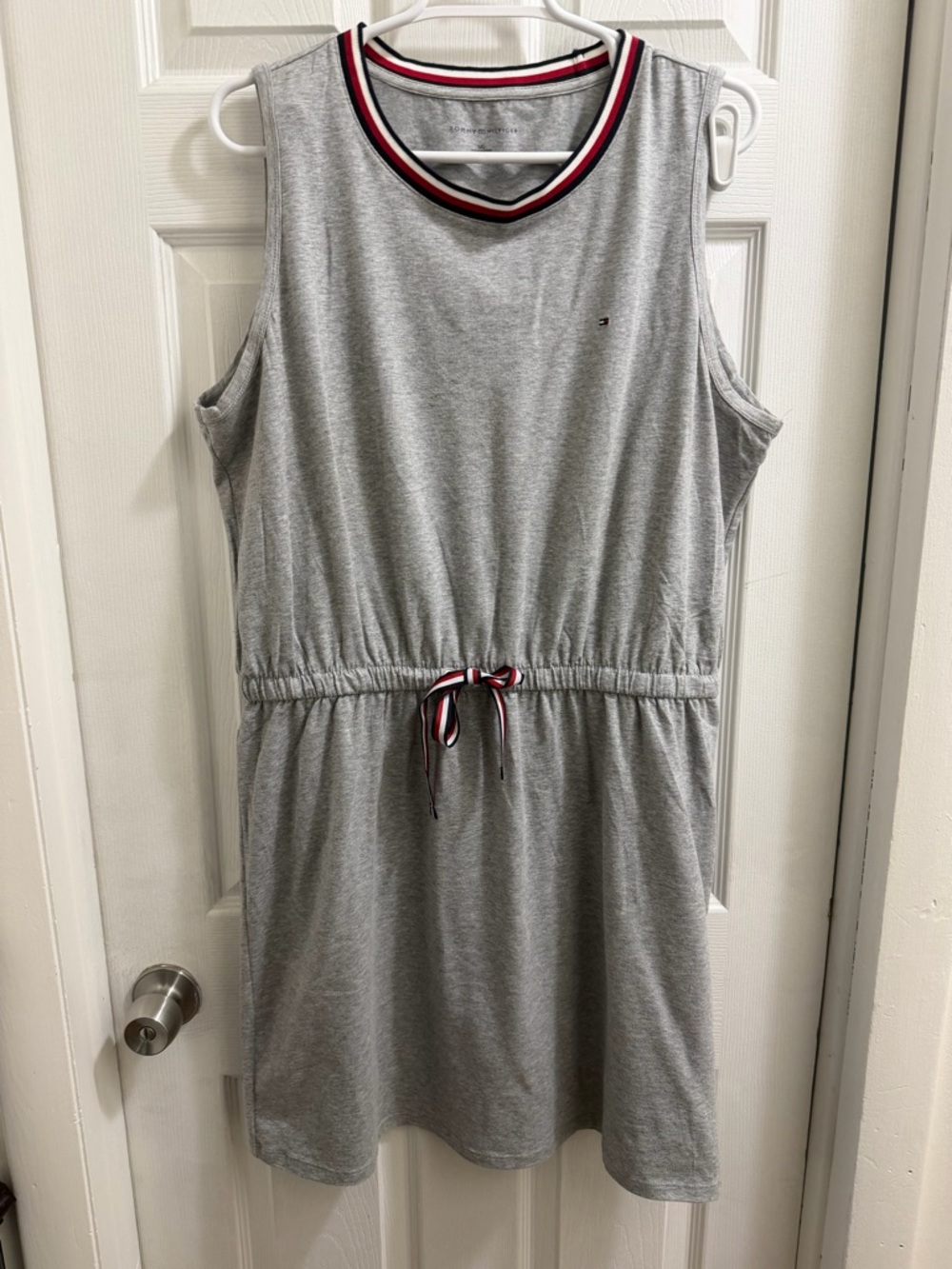 Tommy Hilfiger Gray Sleeveless Drawstring Mini Dress with Red-White-Blue Trim